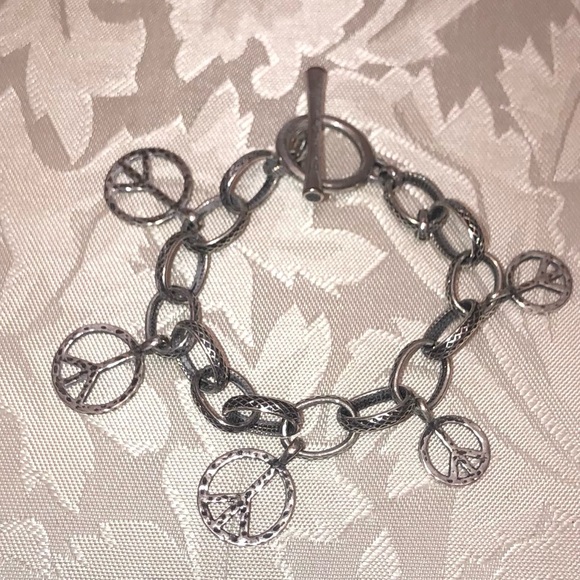 Silver Lucky Brand peace and love hippie boho charm festival concert bracelet - Picture 1 of 3